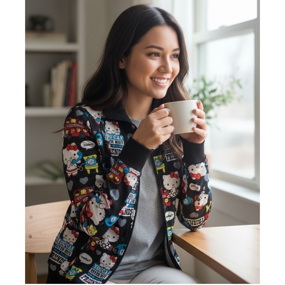 Hello Kitty Sanrio Black Graphic Full Zip Track Jacket Friends Print XS #300H